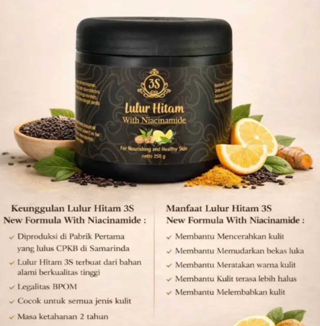 Lulur Hitam 3S New Formula 250g – Buy 1 Get 1 Free (𝟏𝟑𝟗𝟗) | Niacinamide, Black Rice, Vitamin C & Glycerin